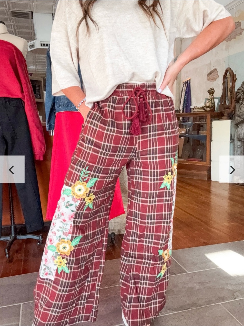 Embroidered Plaid Wide-Leg Pants - Burgundy